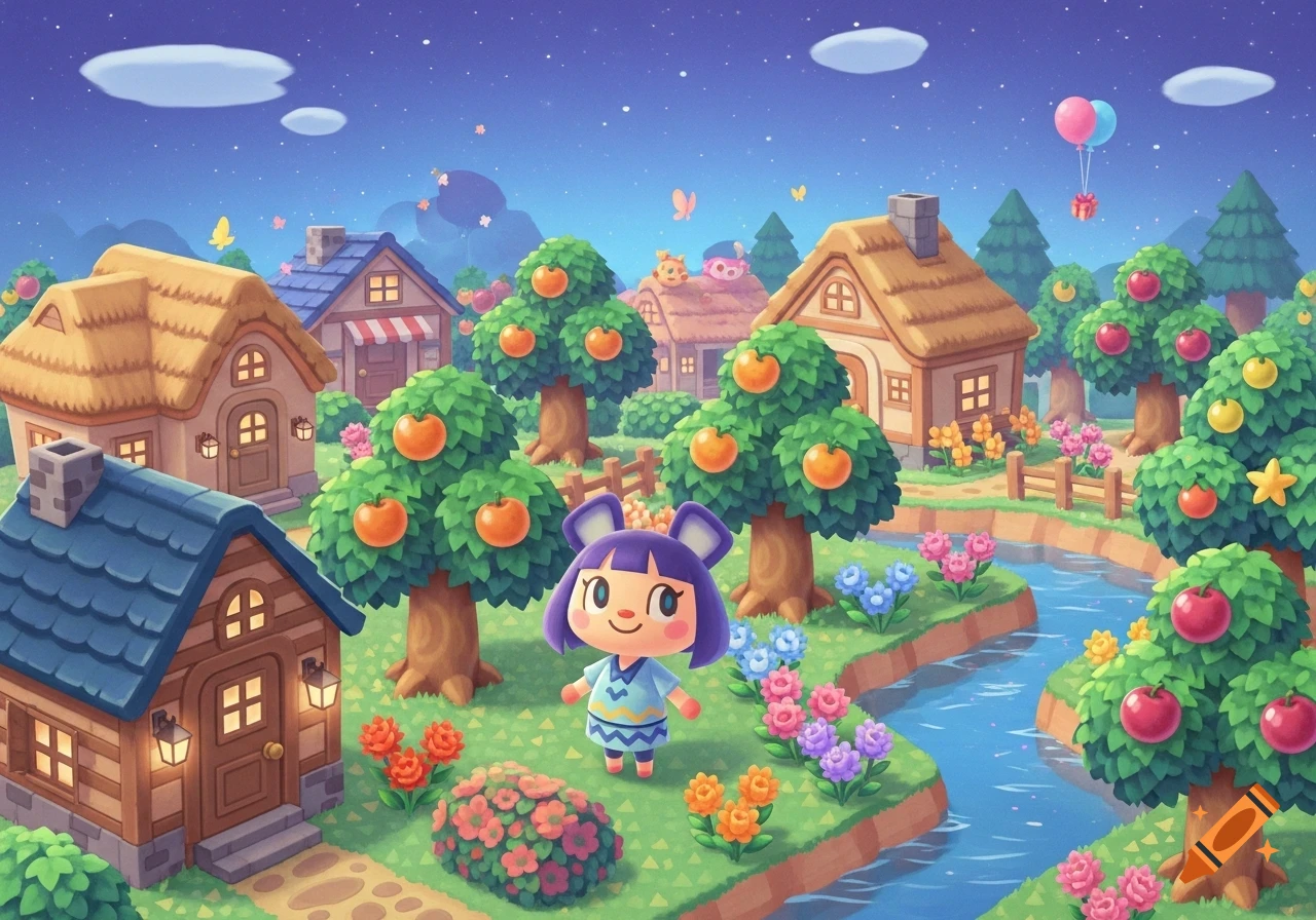 An Animal Crossing villager with purple hair stands in a vibrant cartoon village at night, surrounded by houses, fruit trees, and a river.