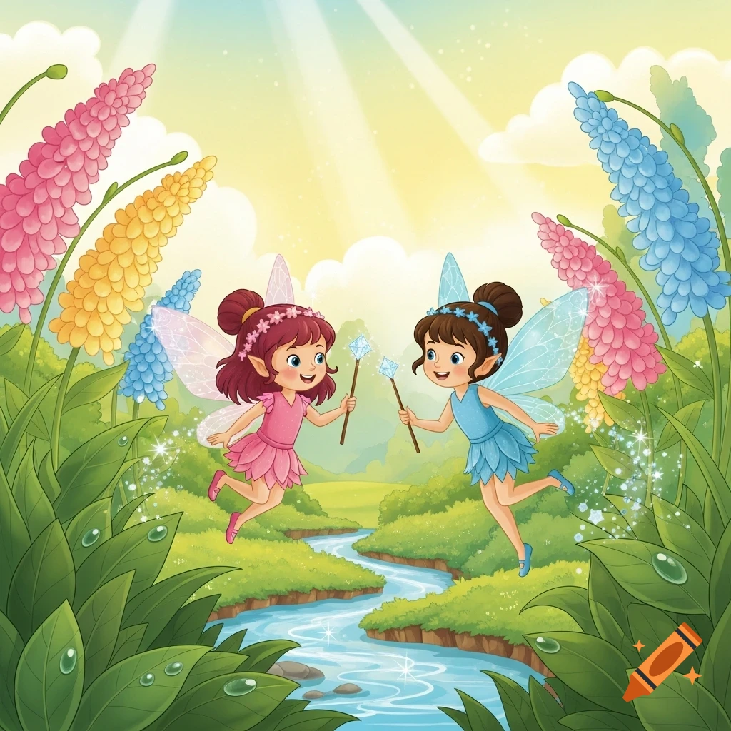 Two cute cartoon fairies, one in pink and one in blue, fly over a sparkling stream amidst colorful flowers and lush green foliage under a sunny sky.
