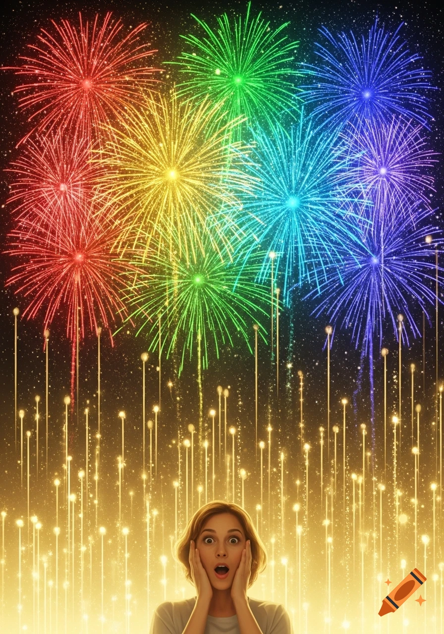 A surprised woman looks up with hands on her face at colorful fireworks and golden sparkling trails in a dark night sky.