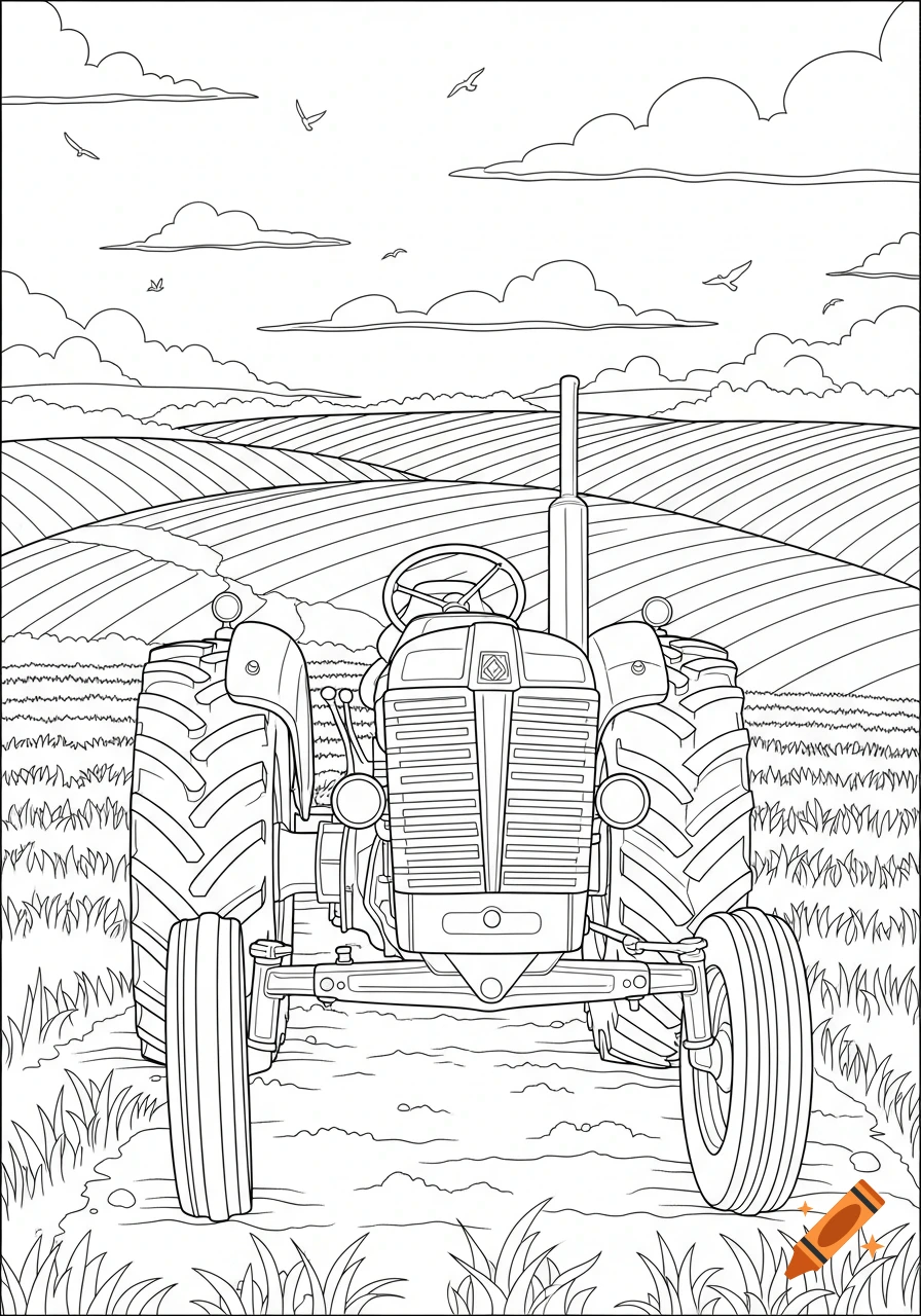 Line art coloring page of an old-fashioned tractor parked in a field with rolling hills and clouds in the background.
