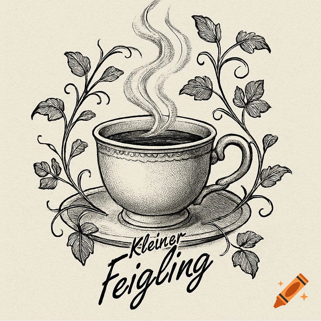 Black and white tattoo-style illustration of a steaming coffee cup on a saucer, surrounded by leafy vines, with the text 'Kleiner Feigling'.