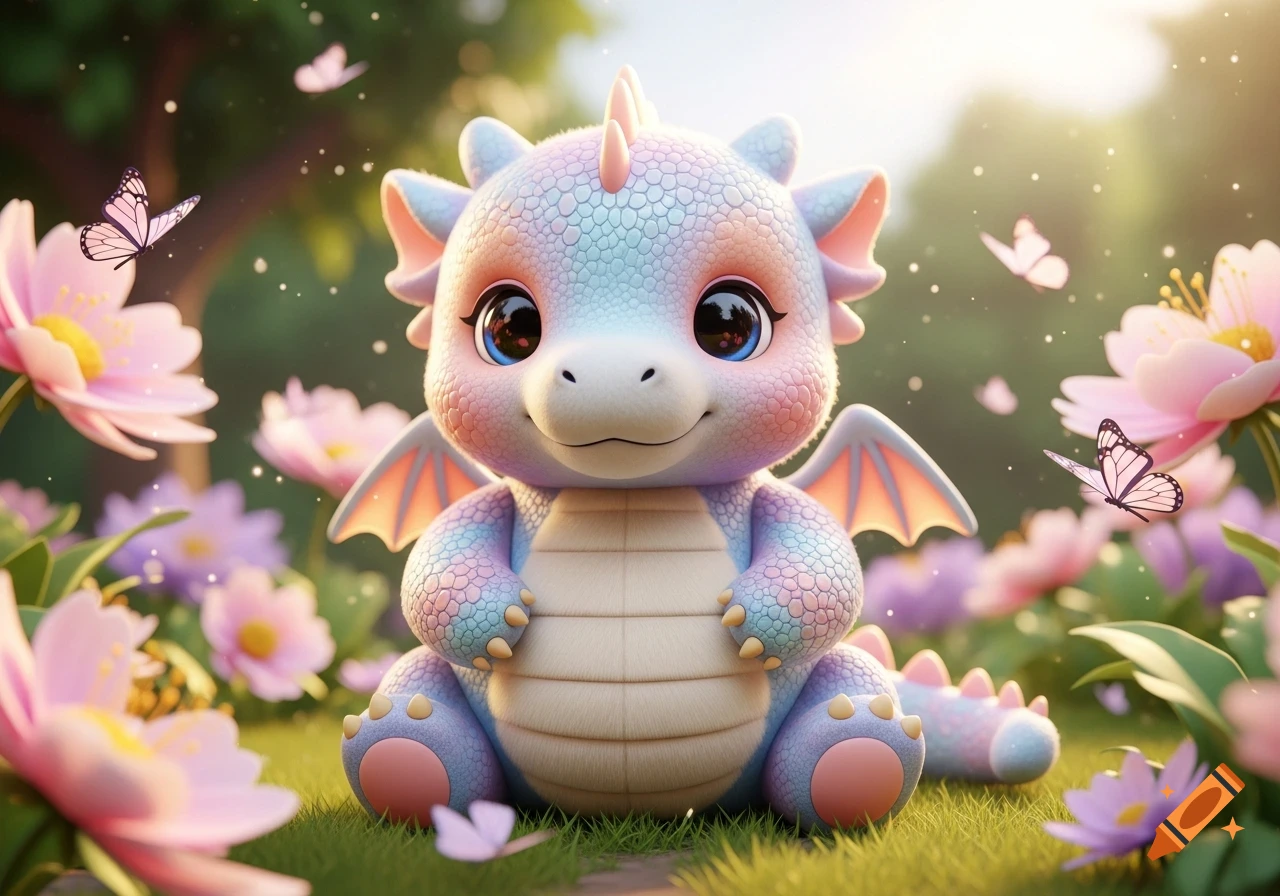 A cute, 3D rendered, pastel-colored baby dragon sits smiling in a field ...