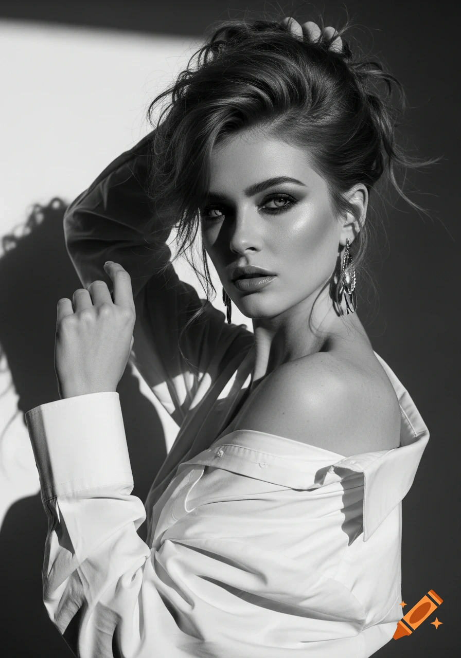 Black and white portrait of a woman in a white shirt, hand in hair, with dramatic lighting.