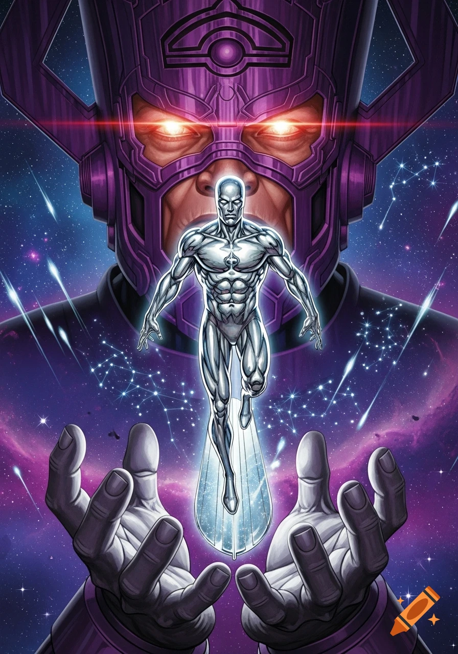 Silver Surfer flying from Galactus's hands, with Galactus's glowing face in a cosmic comic art scene.