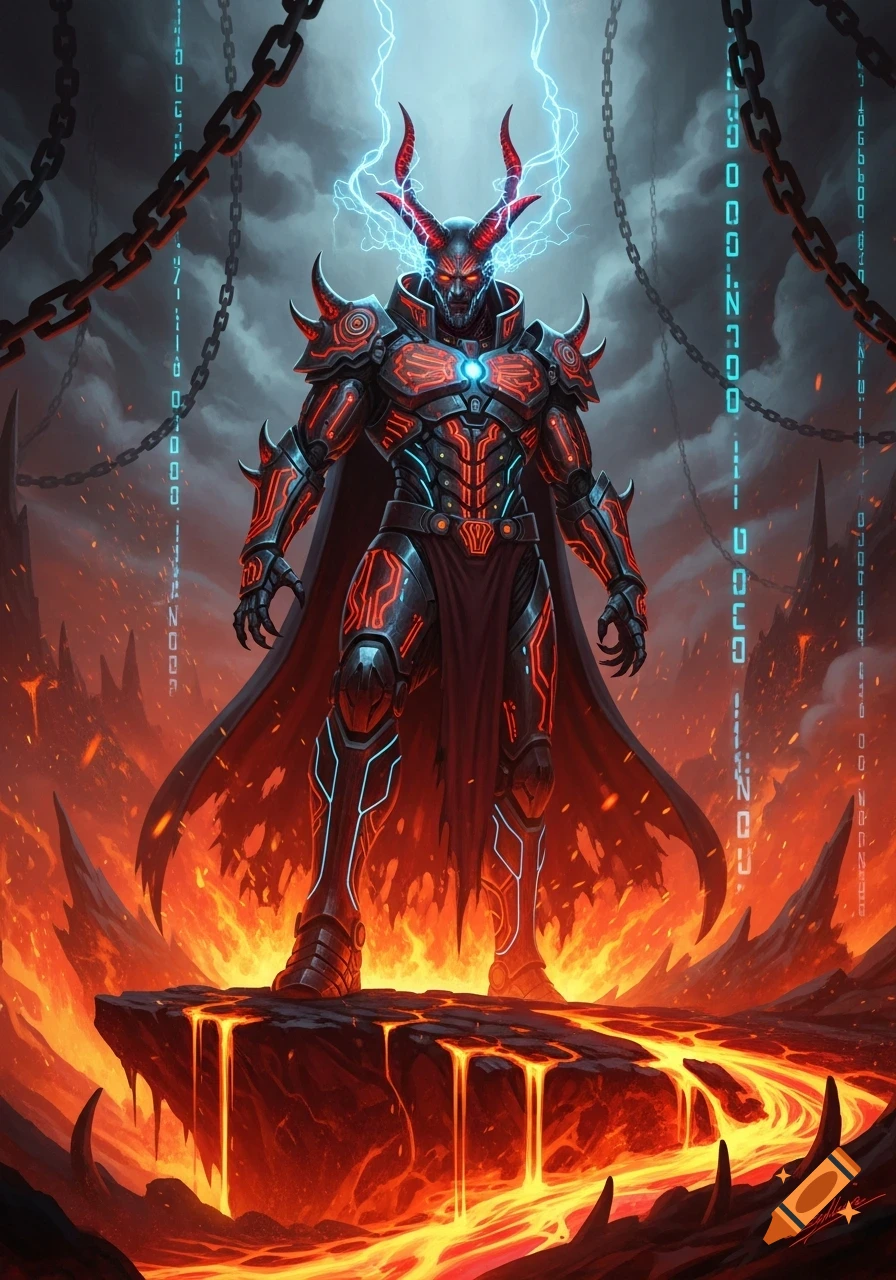 Cyberpunk Satan in glowing armor with horns, emanating lightning, stands on a rock amidst lava and fire, with digital code in background.