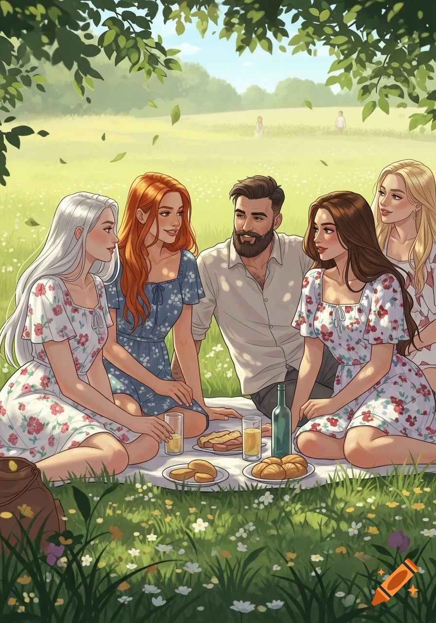 An illustration of four women and one man having a picnic on a sunny day in a grassy field with trees overhead.