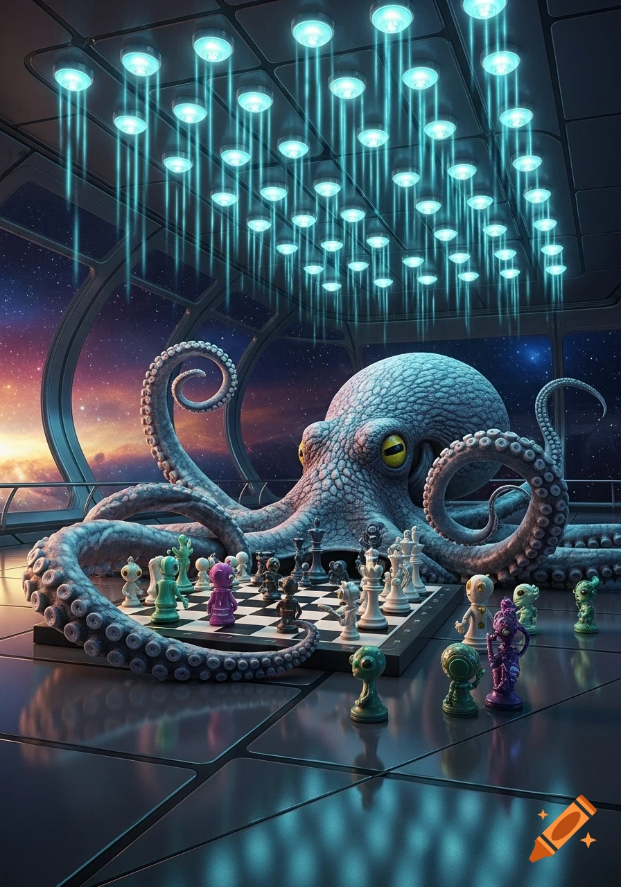 A giant octopus plays chess with tiny aliens on a spaceship deck under glowing lights, with a cosmic view, in digital fantasy art.