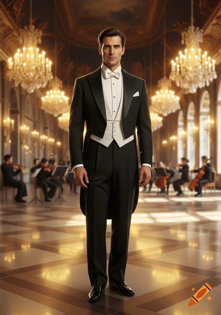 Full-length photorealistic portrait of a man in a black tailcoat, white shirt, and white bow tie, standing in a lavish ballroom with chandeliers and an orchestra in the blurred background.