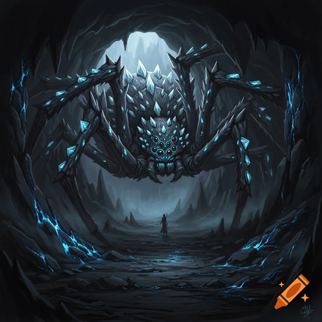 A massive, dark, crystal-spiked spider monster looms over a lone figure in a gloomy fantasy cave, glowing with blue light.