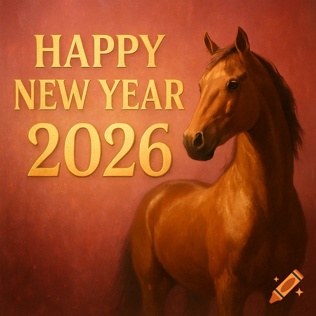 Golden 'HAPPY NEW YEAR 2026' text next to a brown horse on a reddish background.