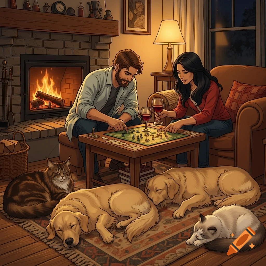 A couple playing a board game by a fireplace, with two sleeping golden retrievers, a tabby cat, and a ragdoll cat on a rug.