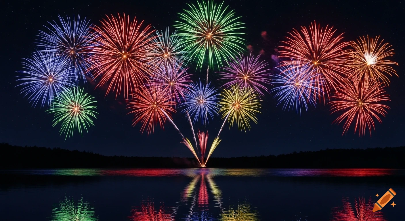 Vibrant fireworks explode over a dark lake, reflecting in the water under a starry night sky.