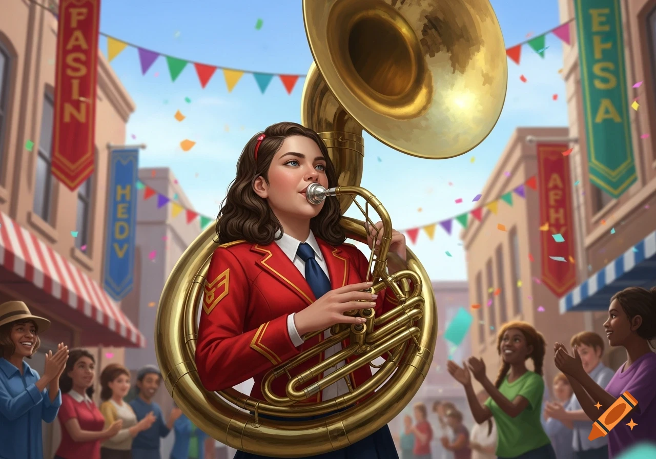 A girl in a red uniform plays a shiny gold sousaphone in a vibrant festival parade with confetti and cheering crowds, in an illustrative style.