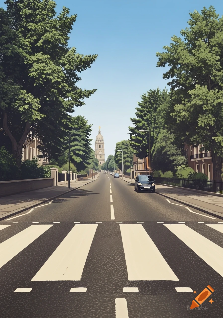 Illustration of Abbey Road's zebra crossing in London, with a distant clock tower, lush trees, and buildings under a clear sky.