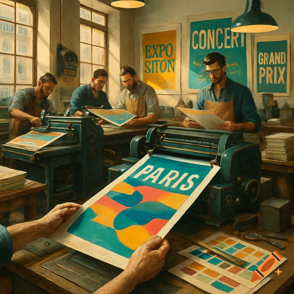 Men work in a busy, warm-lit print workshop, creating colorful posters with vintage printing presses in a painterly style.