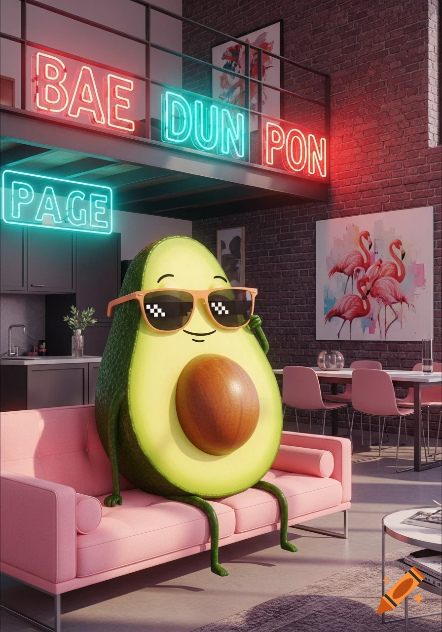 A cool avocado cartoon character with sunglasses sits on a pink couch in a modern loft apartment with neon signs reading "BAE DUN PON PAGE" and a flamingo painting.