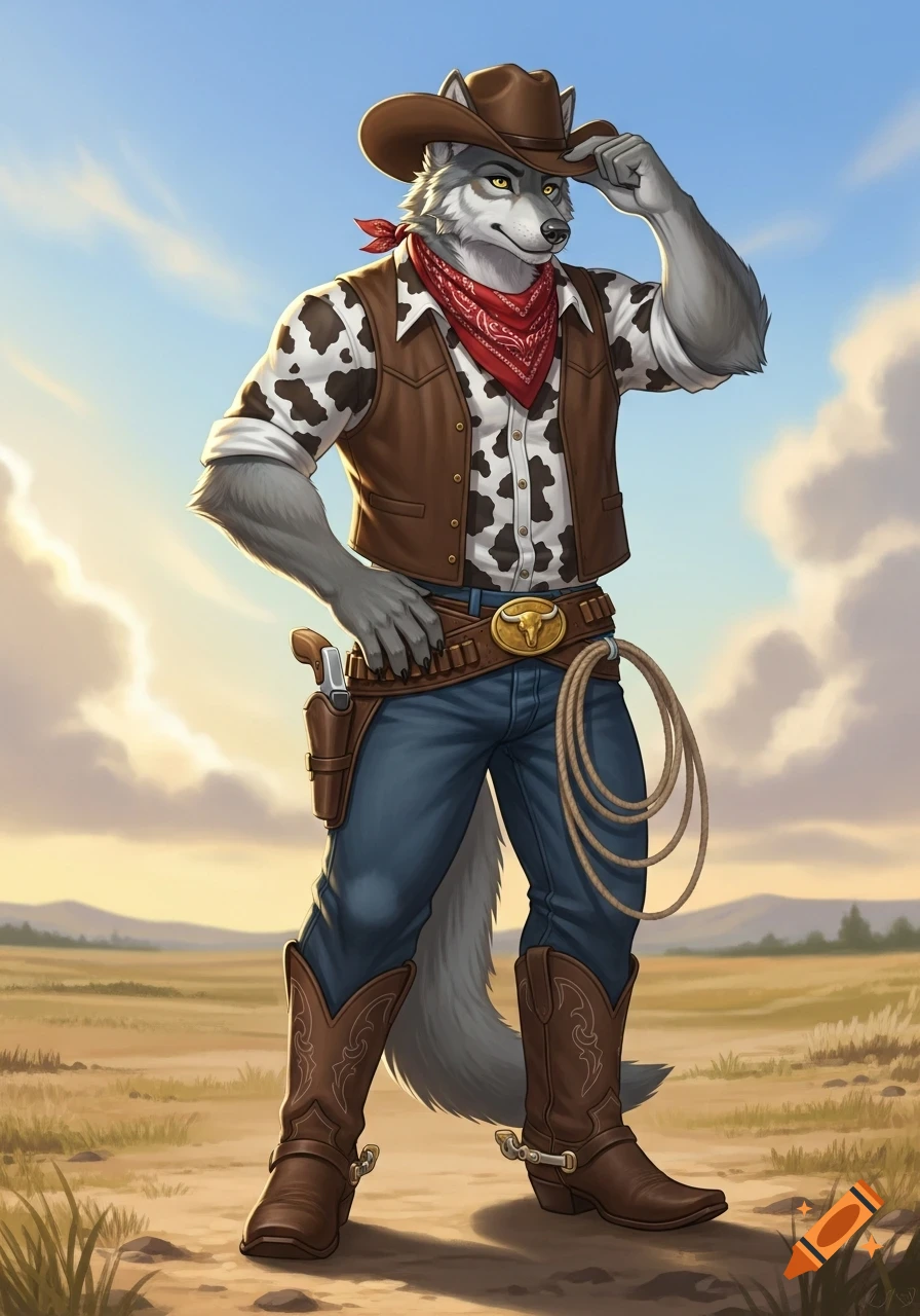 An anthropomorphic wolf cowboy in a brown hat, vest, cow print shirt, blue jeans, and boots, tipping his hat in a field.