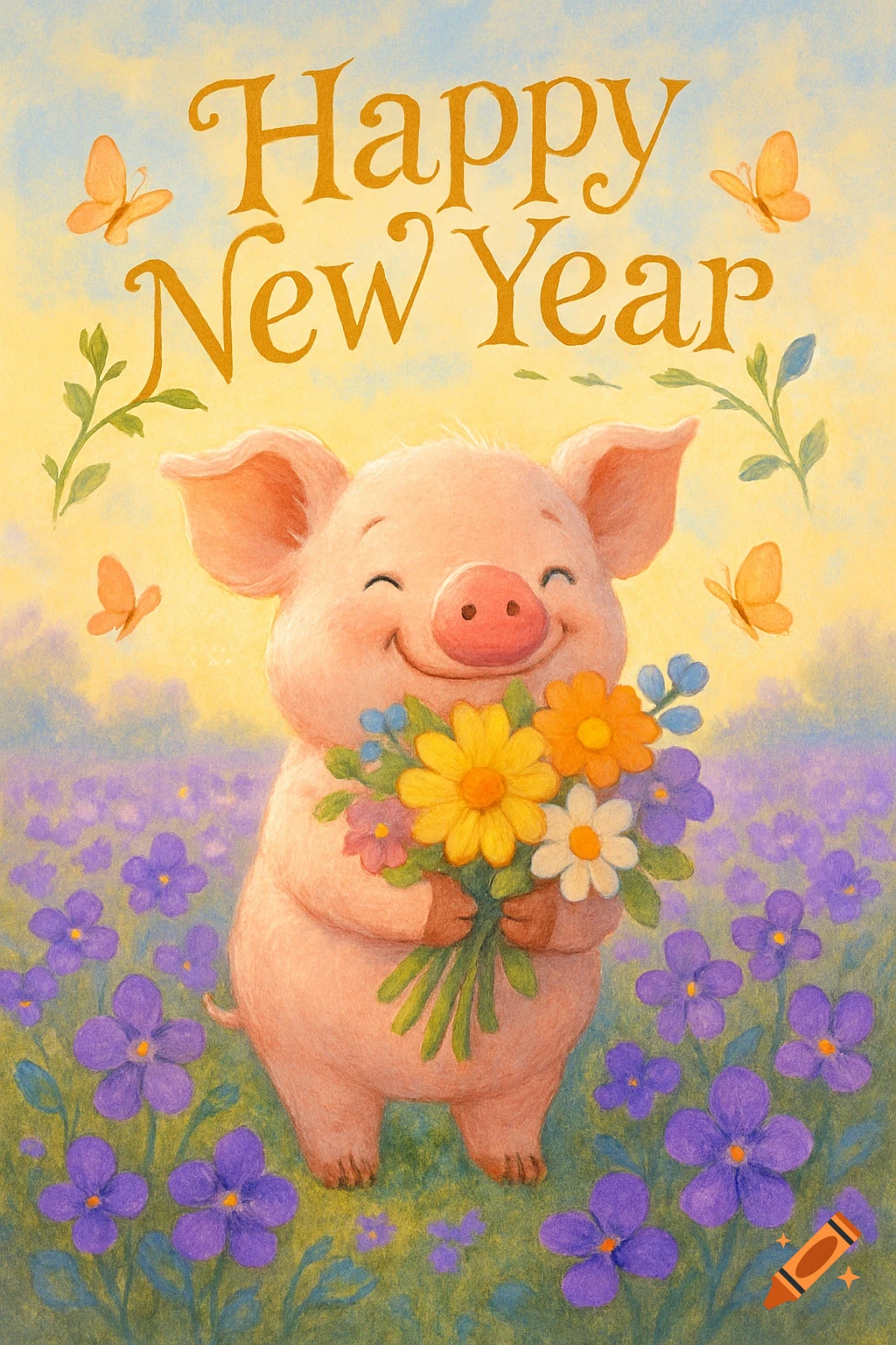 A smiling cartoon pig holds a bouquet of flowers in a field of purple flowers. 'Happy New Year' text is at the top. Watercolor illustration.
