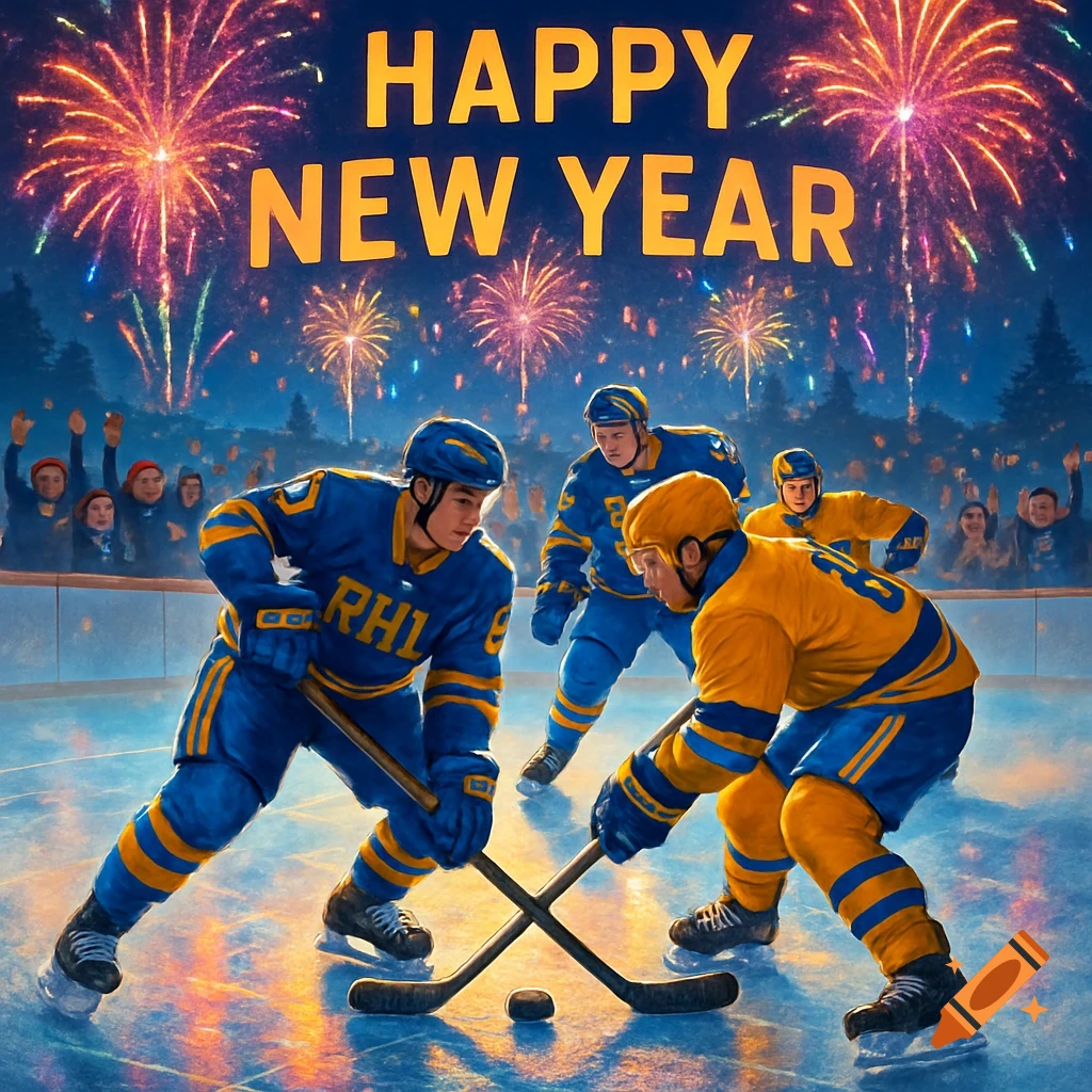 Hockey players on an ice rink, with a crowd watching and fireworks exploding overhead. Text reads 'HAPPY NEW YEAR'.