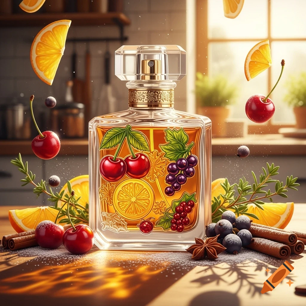 Photorealistic perfume bottle with fruit designs, surrounded by floating cherries, orange slices, and spices on a wooden table.