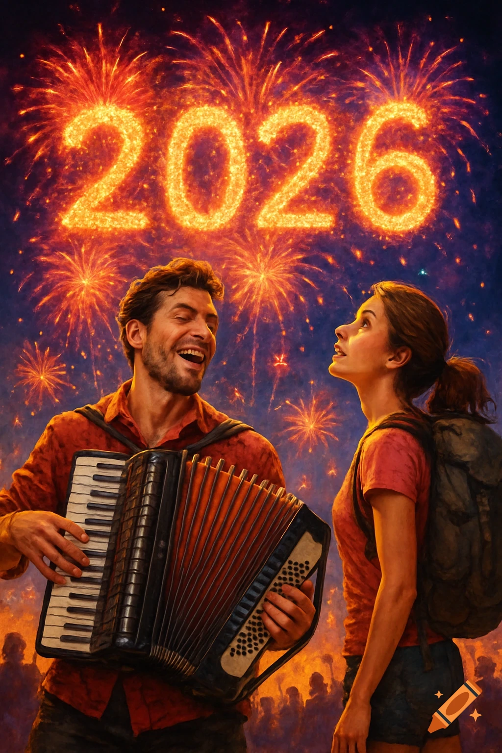 Man playing accordion and woman with backpack under fireworks forming "2026" at night.