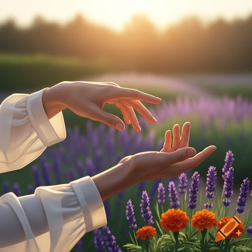 A person's hands with white sleeves reach out over a field of purple lavender and orange marigolds at sunset.