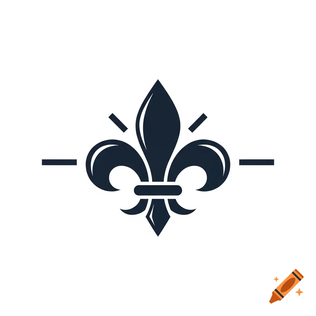 A black stylized fleur-de-lys symbol with decorative lines on a white background.