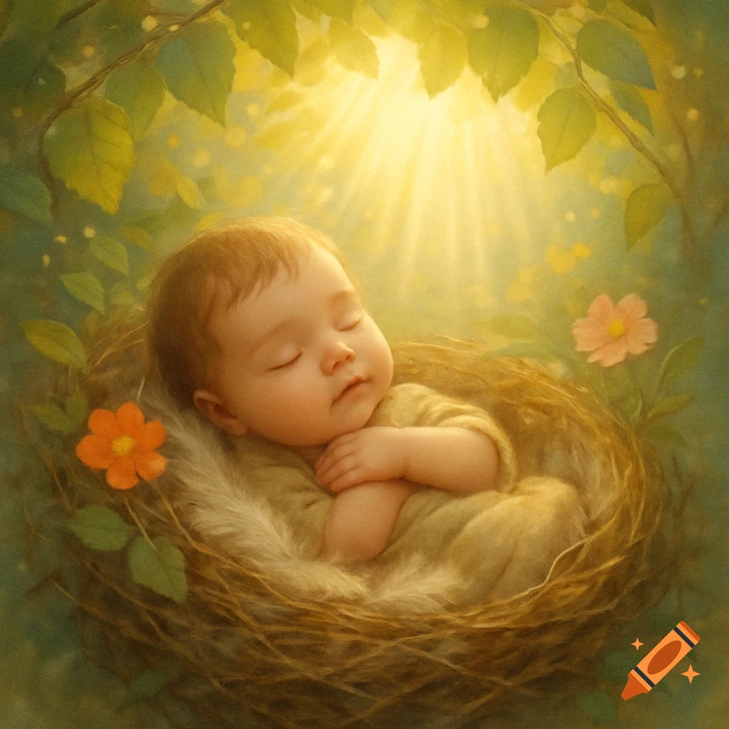 A sleeping baby nestled in a bird's nest, surrounded by green leaves and golden sunlight filtering through branches.