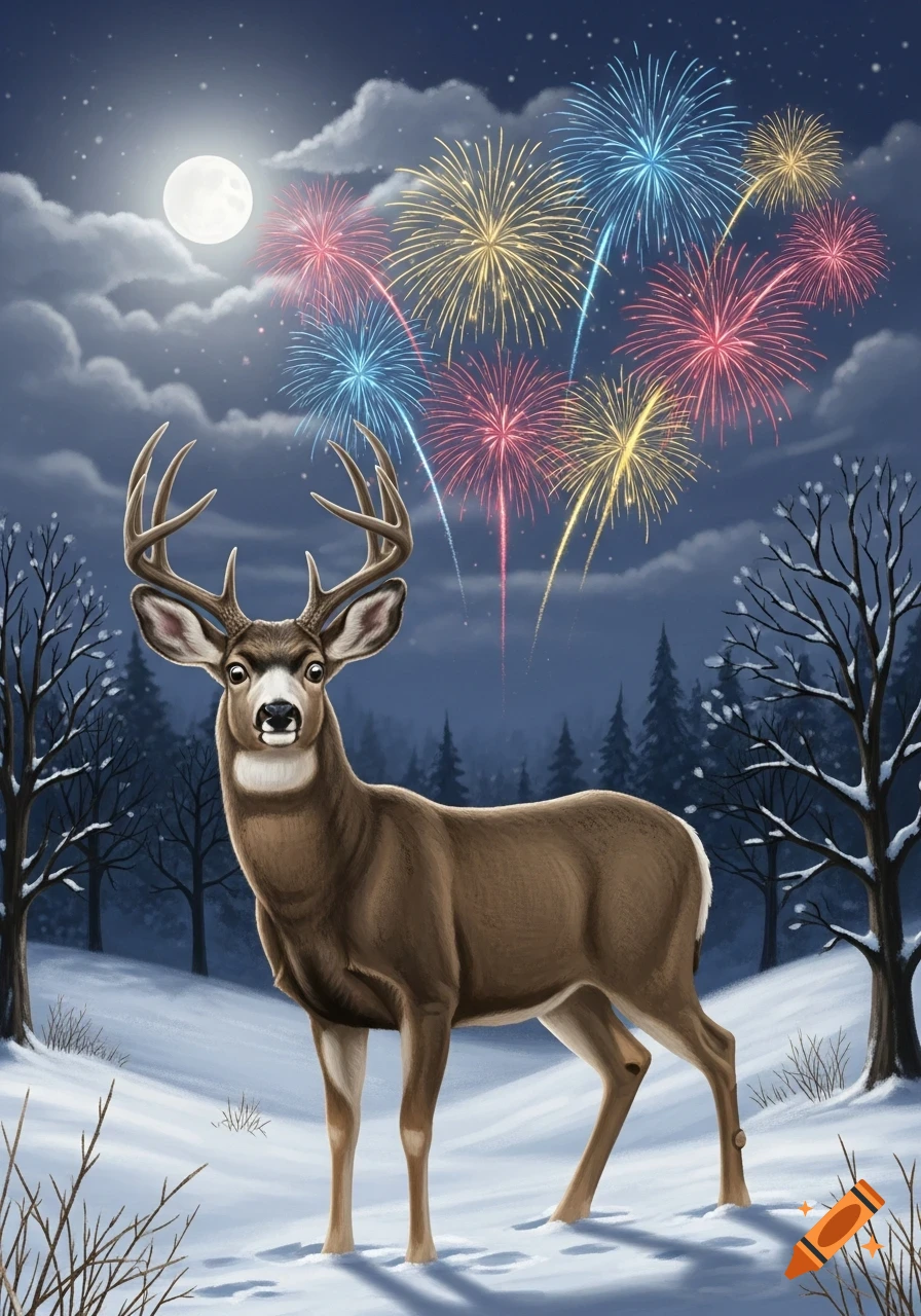 An illustrated surprised mule deer buck stands in a snowy winter forest at night with colorful fireworks and a full moon.