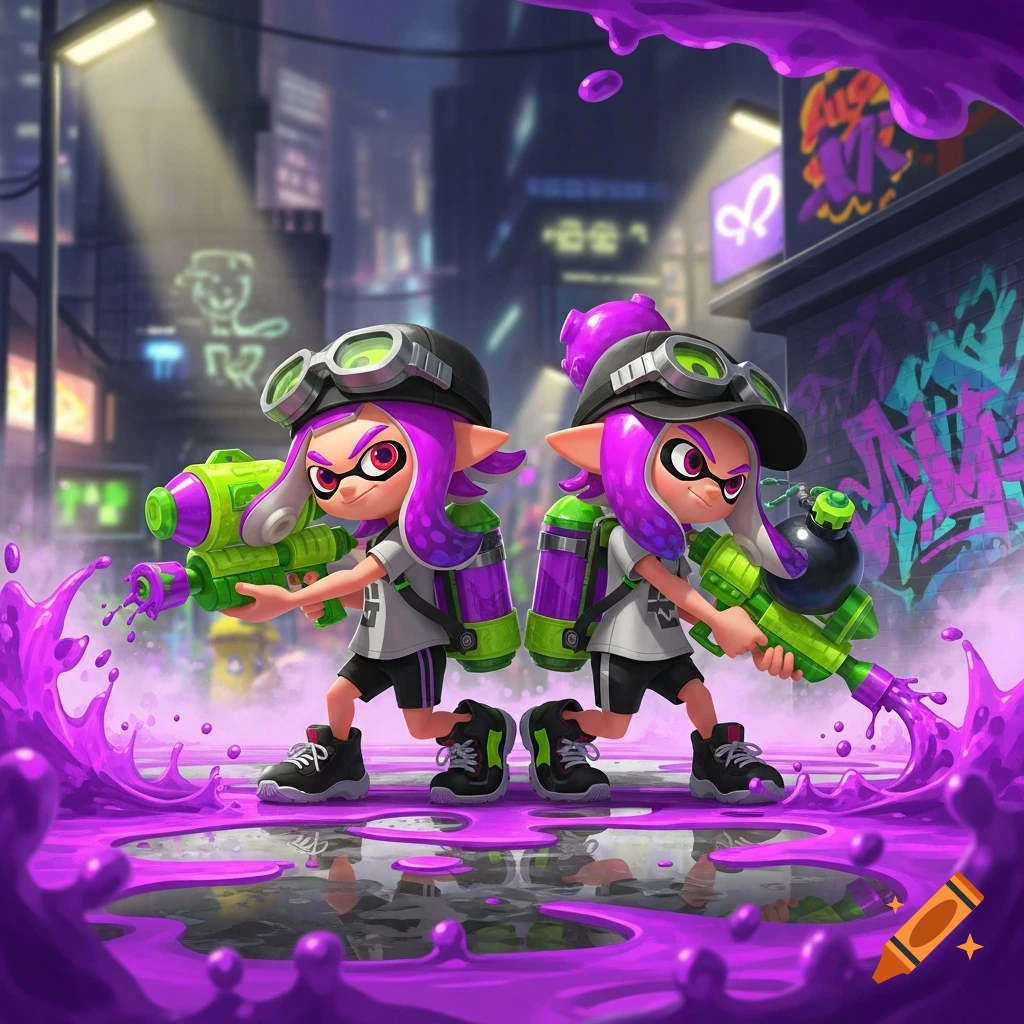 Two cartoonish purple-haired characters, like Splatoon Octolings, in a vibrant purple ink-splattered urban alley, holding neon green ink guns.