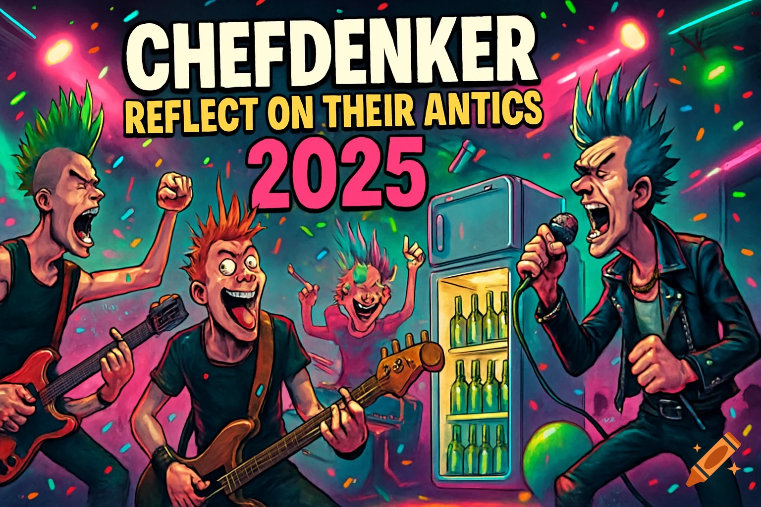 Cartoon punk rock band 'CHEFDENKER' performs on stage with confetti and a fridge of beer, text 'REFLECT ON THEIR ANTICS 2025'.