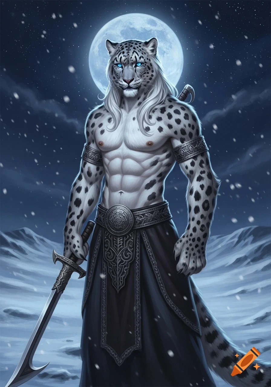 A muscular, shirtless demi-human snow leopard with white hair and blue eyes, holding a sword in a snowy, moonlit landscape, digital art.
