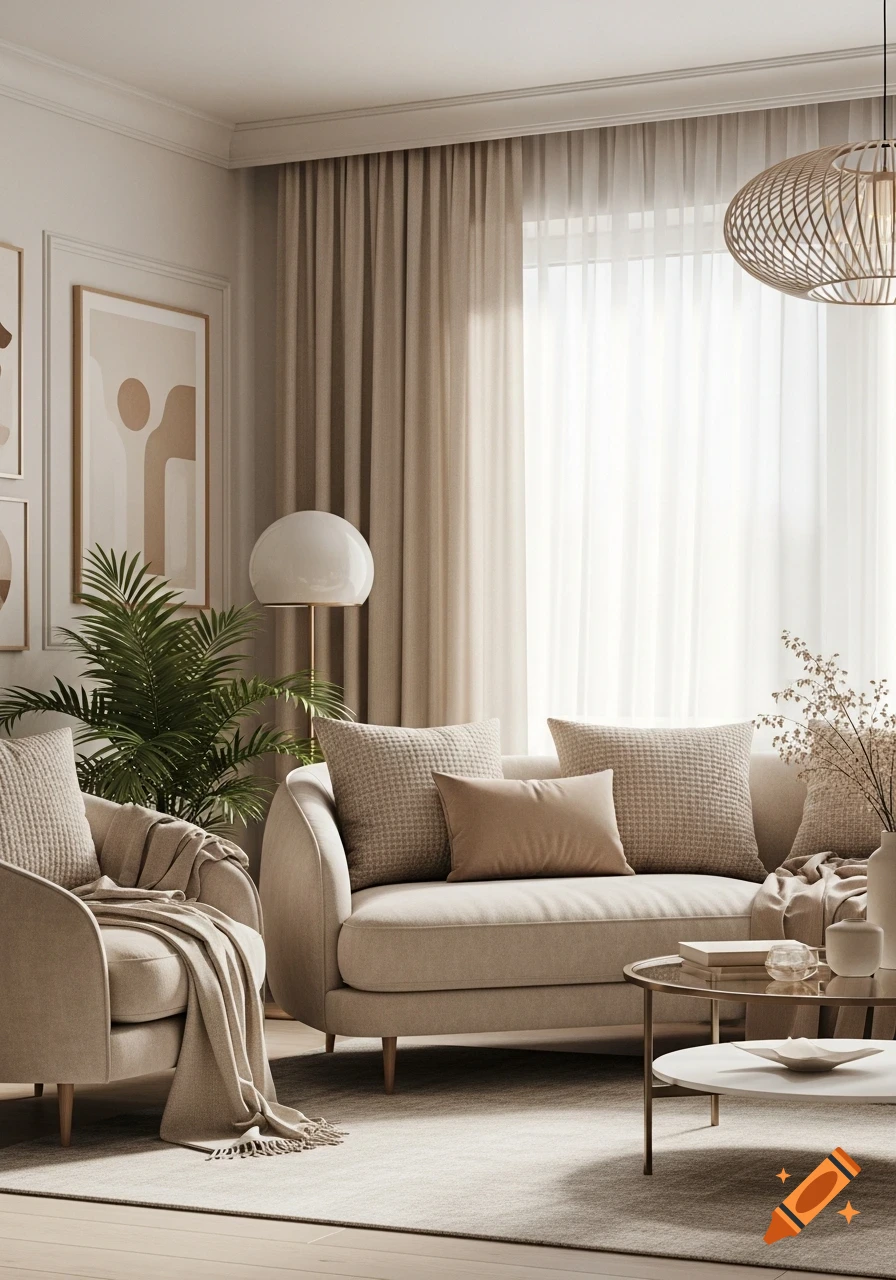 A photorealistic modern living room with beige sofa and armchair, a floor lamp, sheer curtains, and abstract wall art.