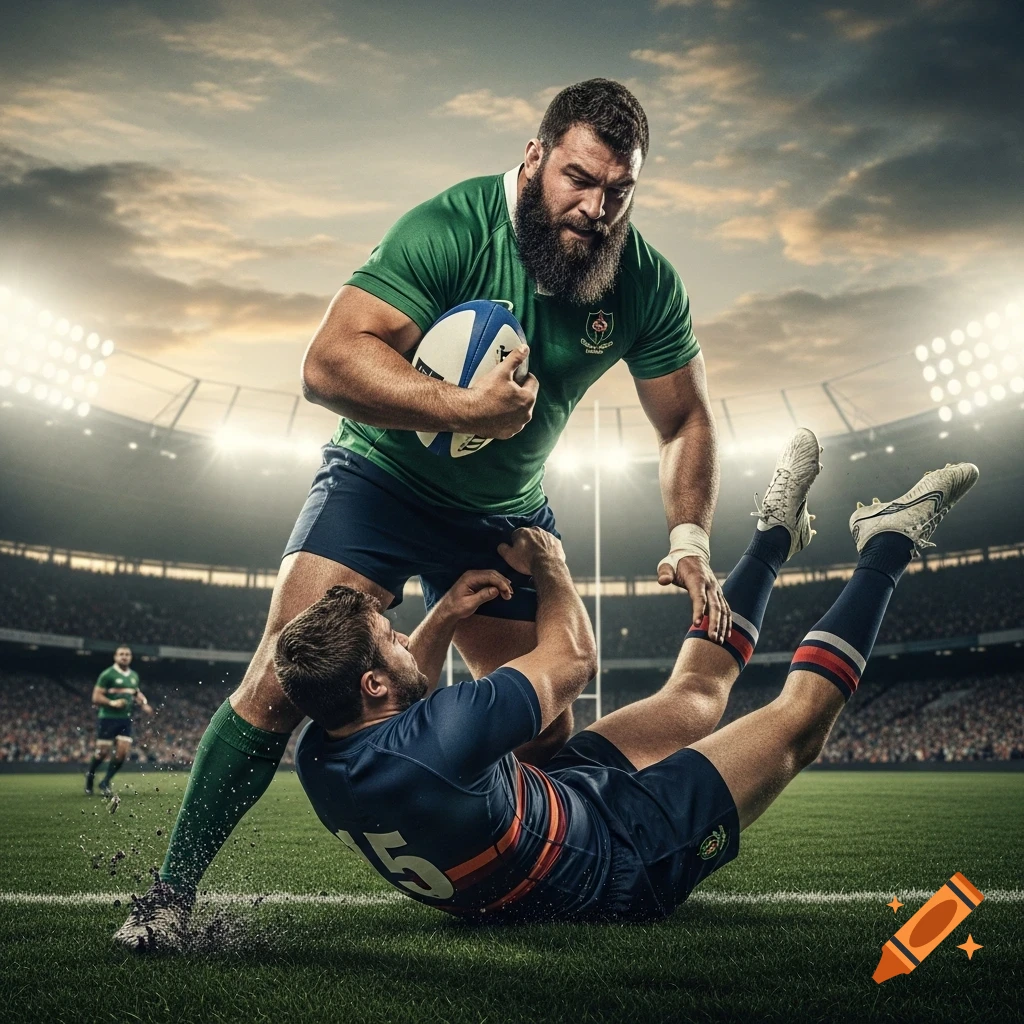 Photorealistic image of a bearded rugby player in green, tackling an opponent in blue to the ground on a stadium field.