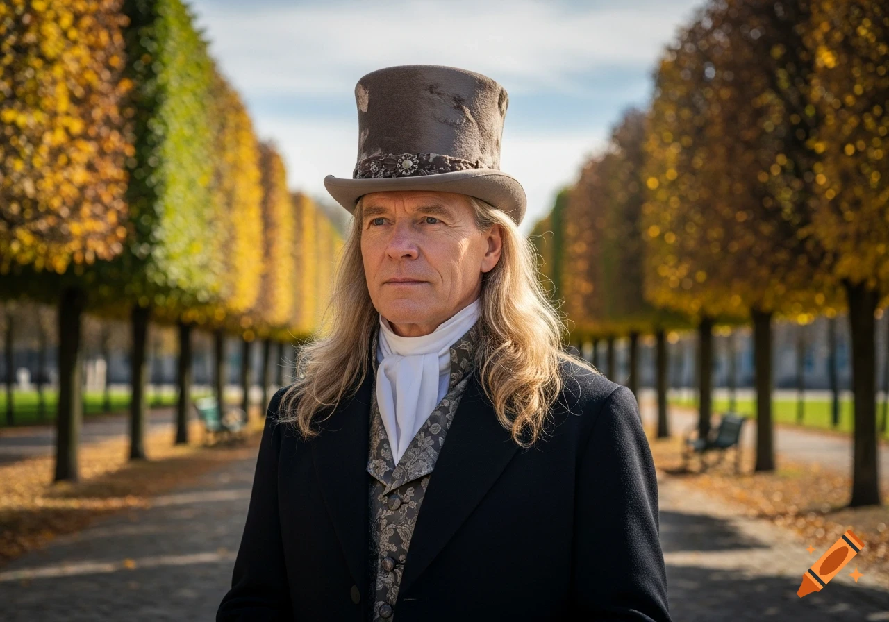 Man with long blond hair and a top hat in an autumnal park with tree-lined avenues.