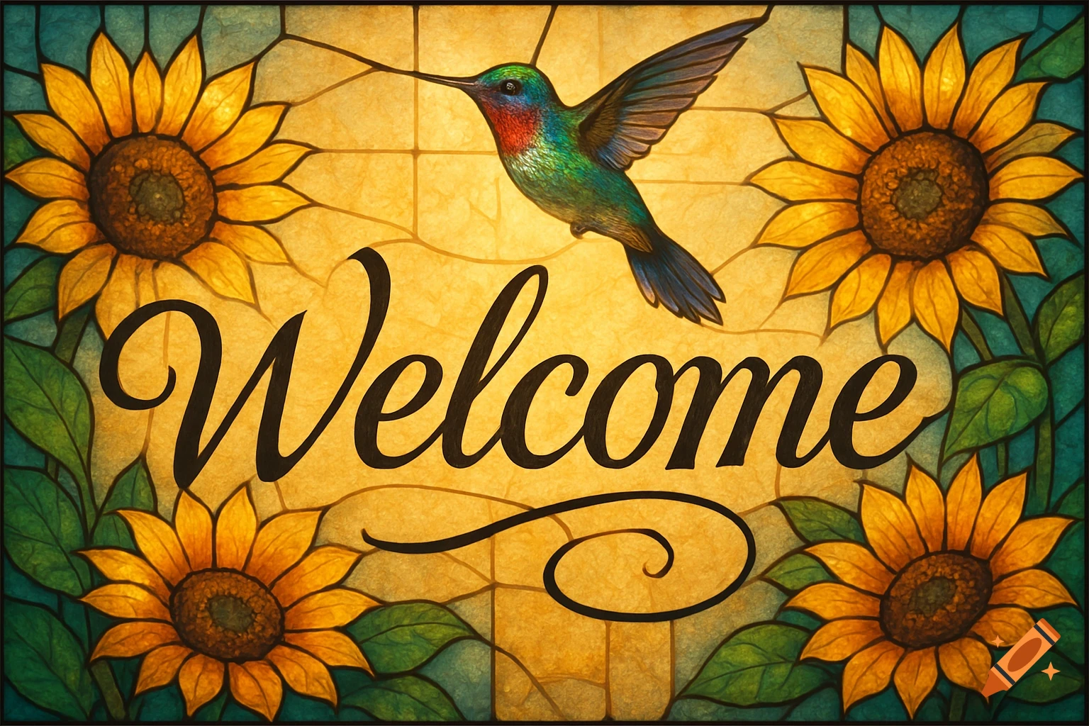 Stained glass 'Welcome' sign with a hummingbird and sunflowers.