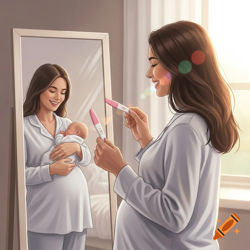 A happy woman holds two positive pregnancy tests, looking at her mirror reflection where she holds a newborn baby.