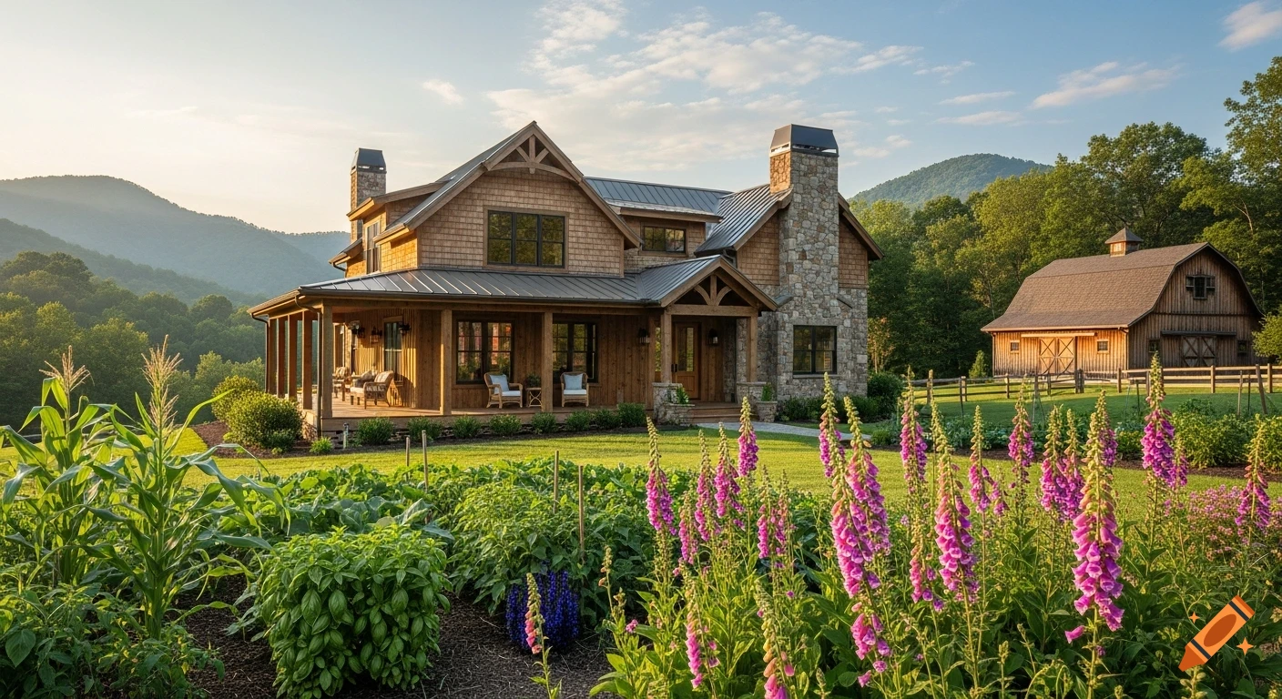 A luxurious Appalachian cottage and a rustic barn stand in a mountain setting with a lush flower and vegetable garden in golden-hour sunlight, photorealistic.