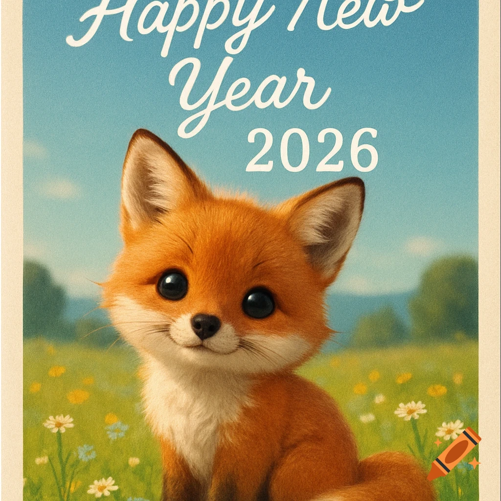 A cute fluffy fox with big eyes sits in a grassy field with wildflowers under a blue sky. Text reads 'Happy New Year 2026'.