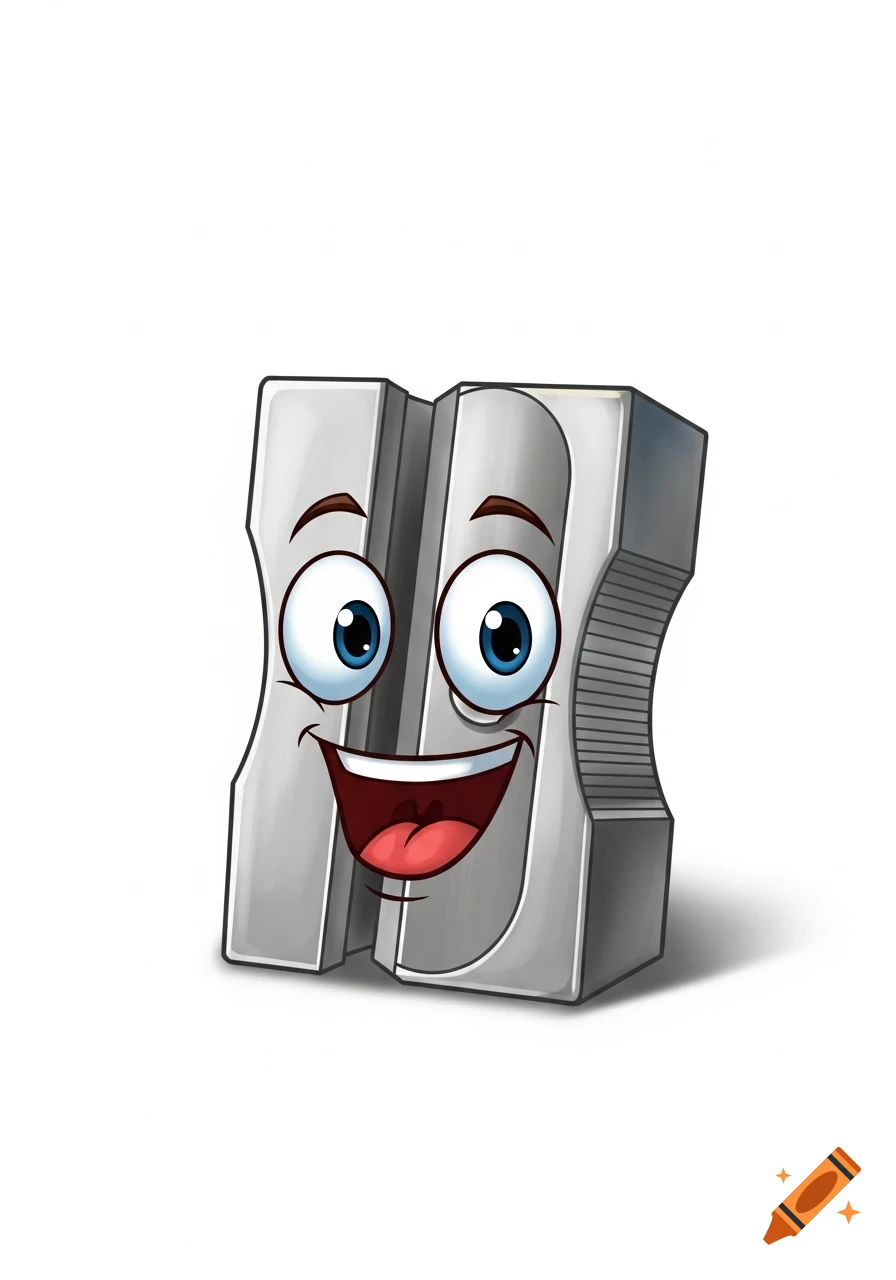 A smiling cartoon pencil sharpener with big blue eyes on a white background.