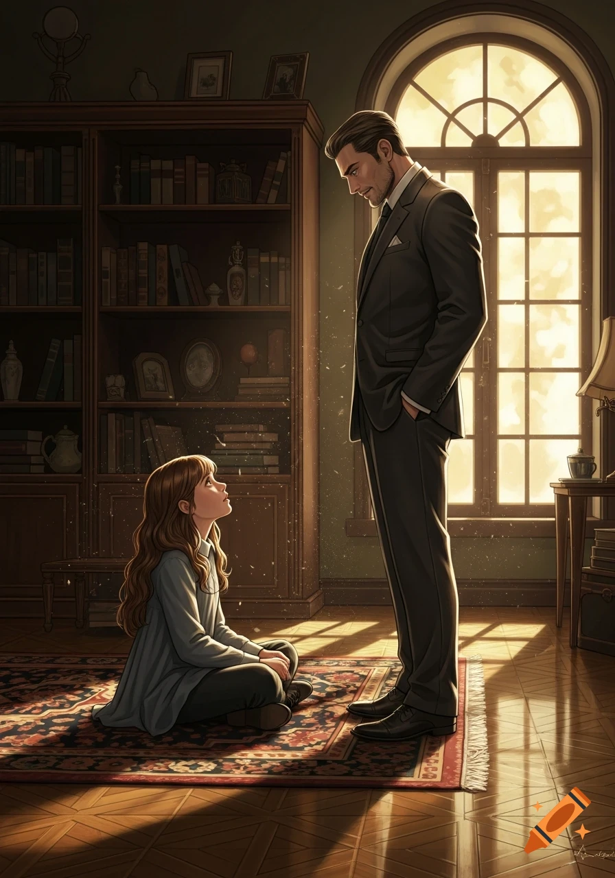Stylized illustration of a girl on a rug looking up at a man in a suit in a sunlit room with bookshelves.