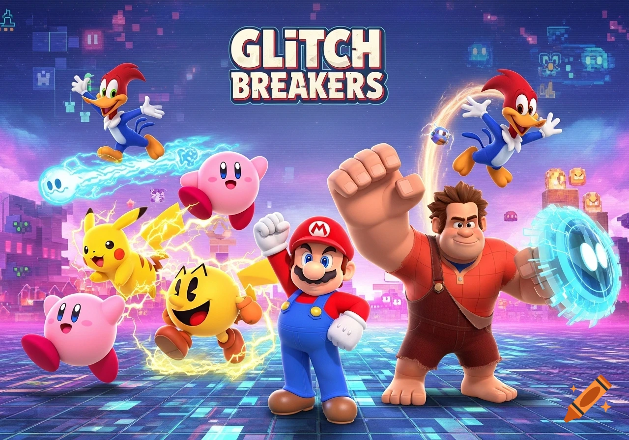 Mario, Pac-Man, Kirby, Pikachu, Woody Woodpecker, and Wreck-It Ralph pose on a pixelated background under the title Glitch Breakers.