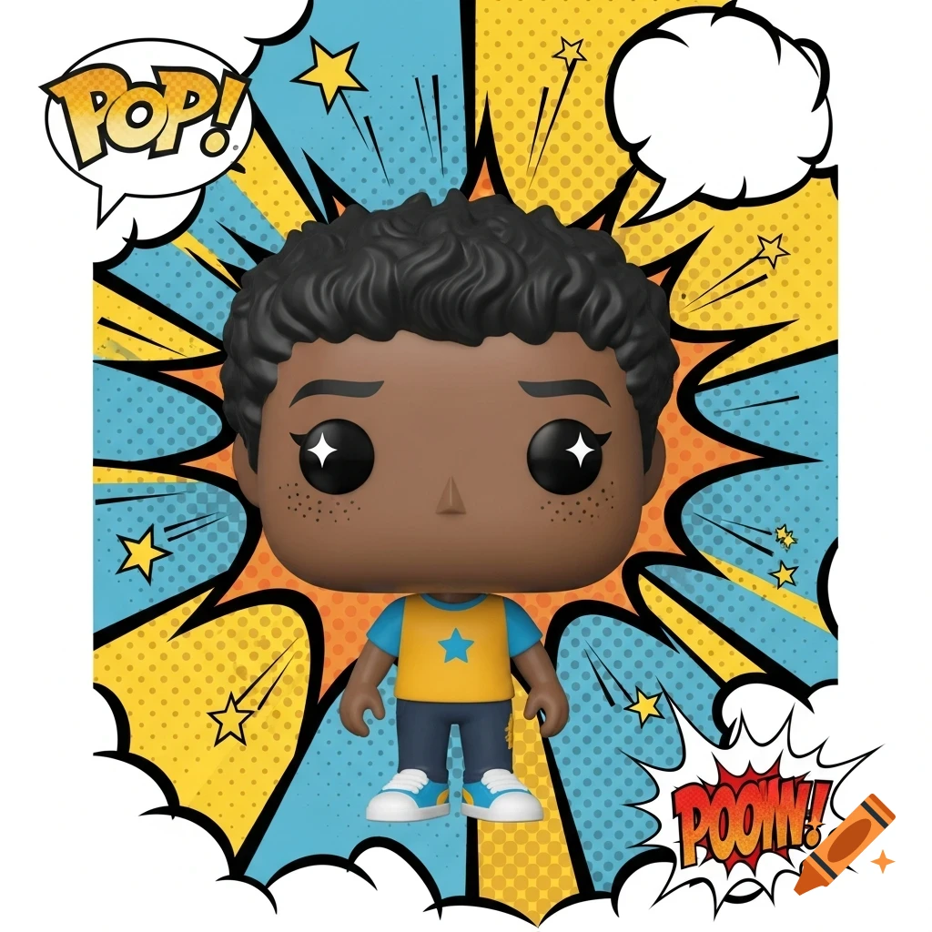 A Funko Pop style figure of a young boy with dark curly hair on a vibrant comic book pop art background with speech bubbles.