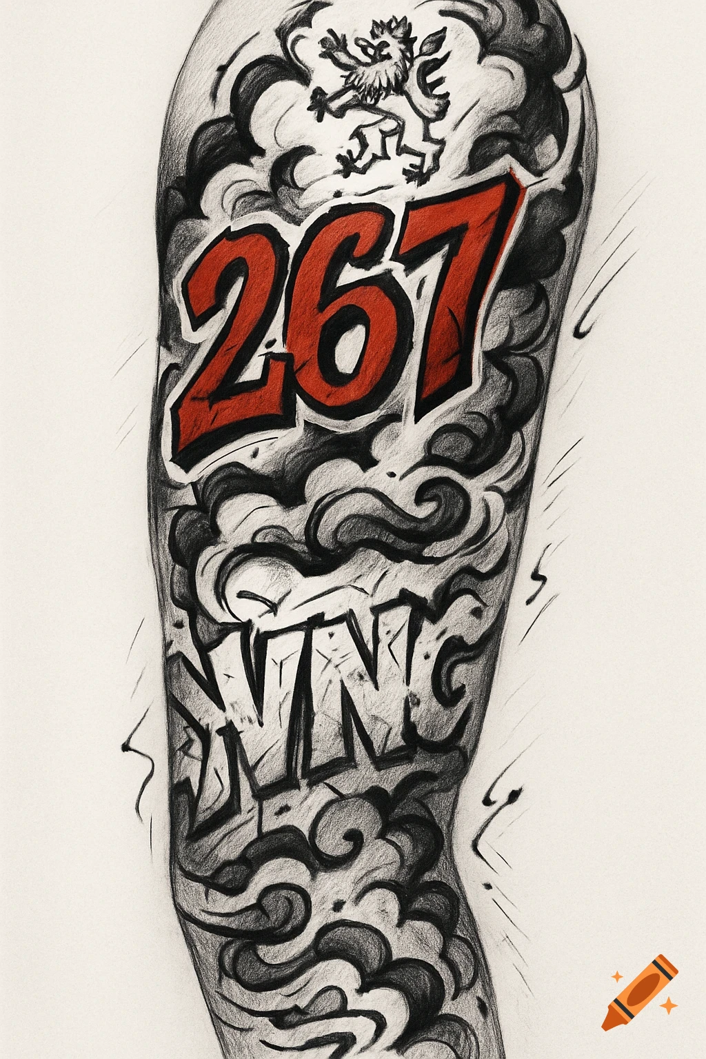 A stylized tattoo sleeve design featuring large red numbers "267", a black outline of a lion, and the word "YVNG" in a distressed font, all surrounded by black smoke and cloud patterns in a pencil sketch style.