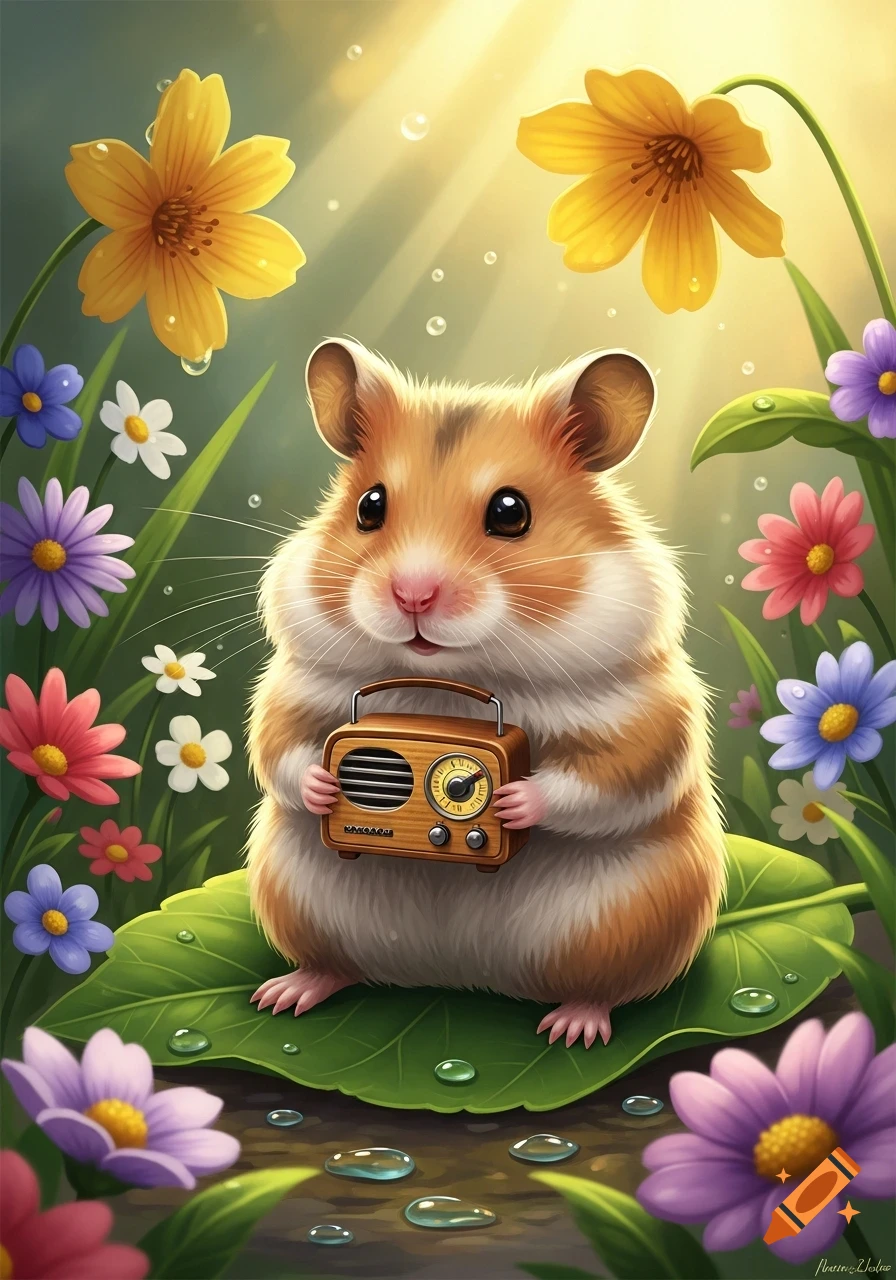 A cute, fluffy hamster holds a small wooden radio while sitting on a leaf amidst colorful flowers in a sunny, whimsical garden.