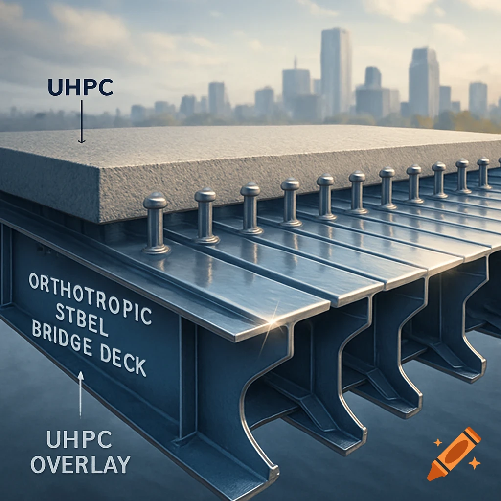 A detailed cross-section of an orthotropic steel bridge deck with a UHPC overlay, showing studs and a city skyline.