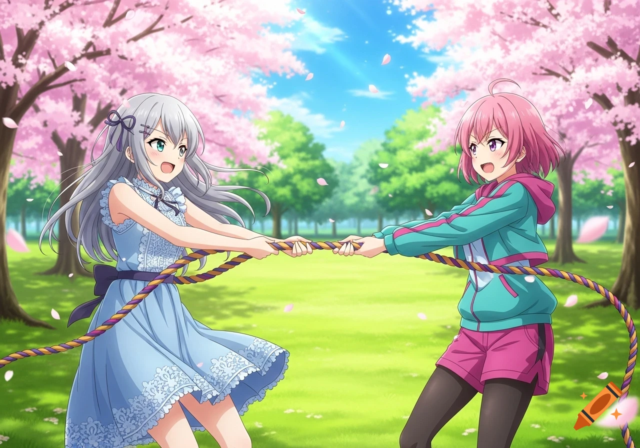 Two anime girls with grey and pink hair play tug-of-war in a cherry blossom park under a bright blue sky.