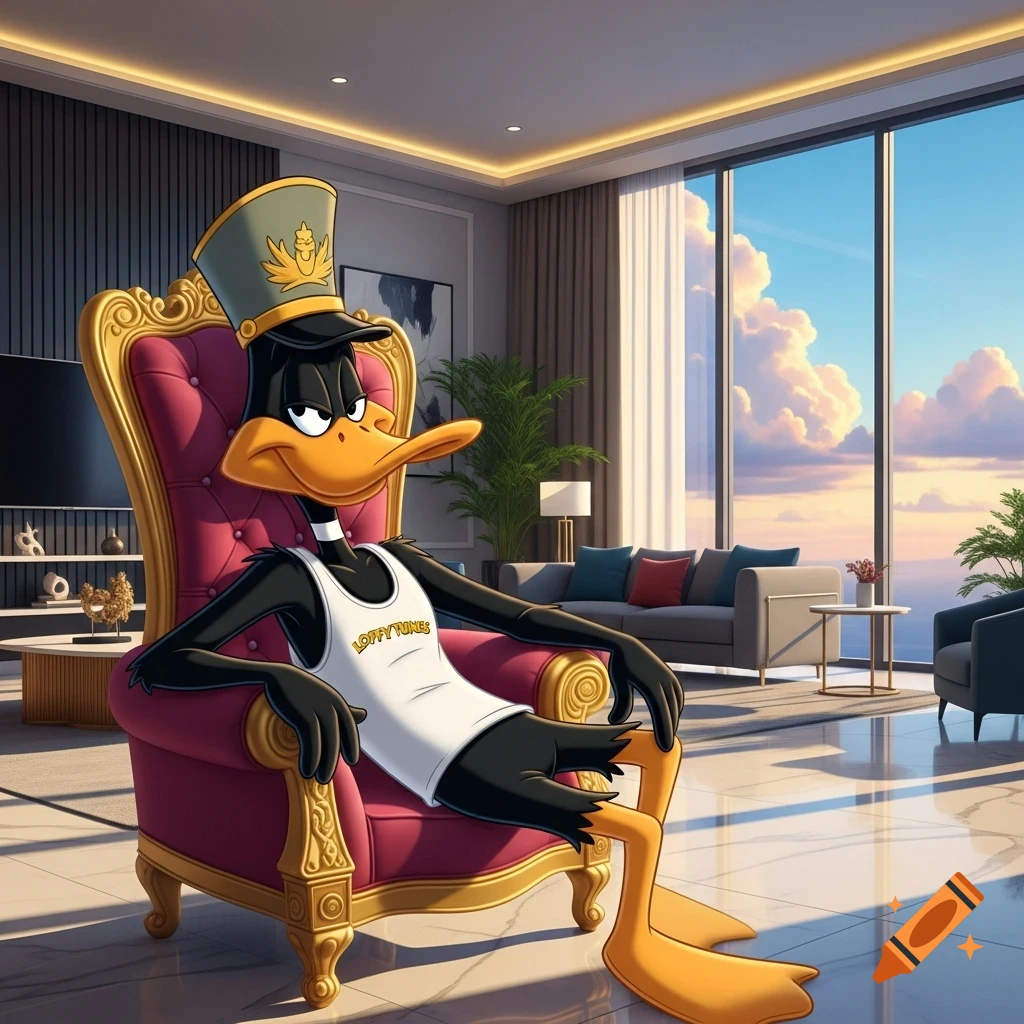 Daffy Duck in a general's hat and tank top, sitting proudly on a red throne in a luxurious living room with a large window overlooking a sunset sky.