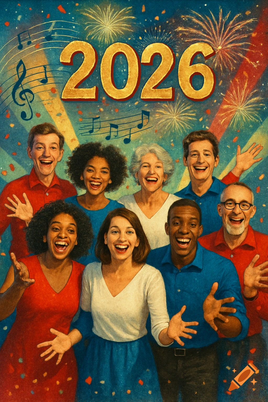 A vibrant illustration of a diverse group of happy people celebrating 2026 with fireworks, musical notes, and confetti.