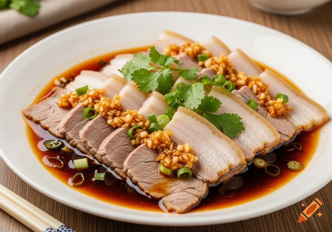 Slices of white pork belly and dark beef, garnished with minced garlic, chopped green onions, and fresh cilantro, served in a savory dark sauce on a white plate with chopsticks.